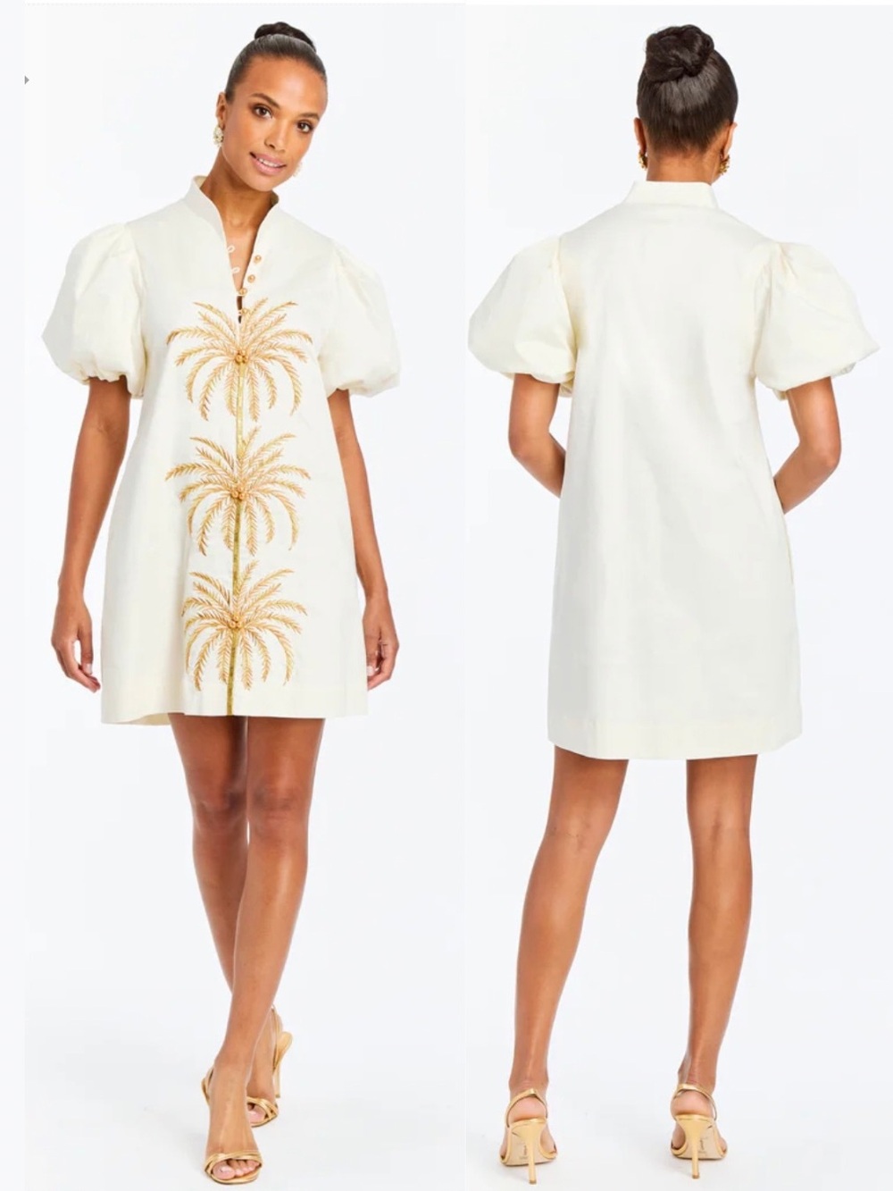 Mestiza Elliana Dress Small Palm Tree Embroidery Short Puff Sleeve Ivory Gold
